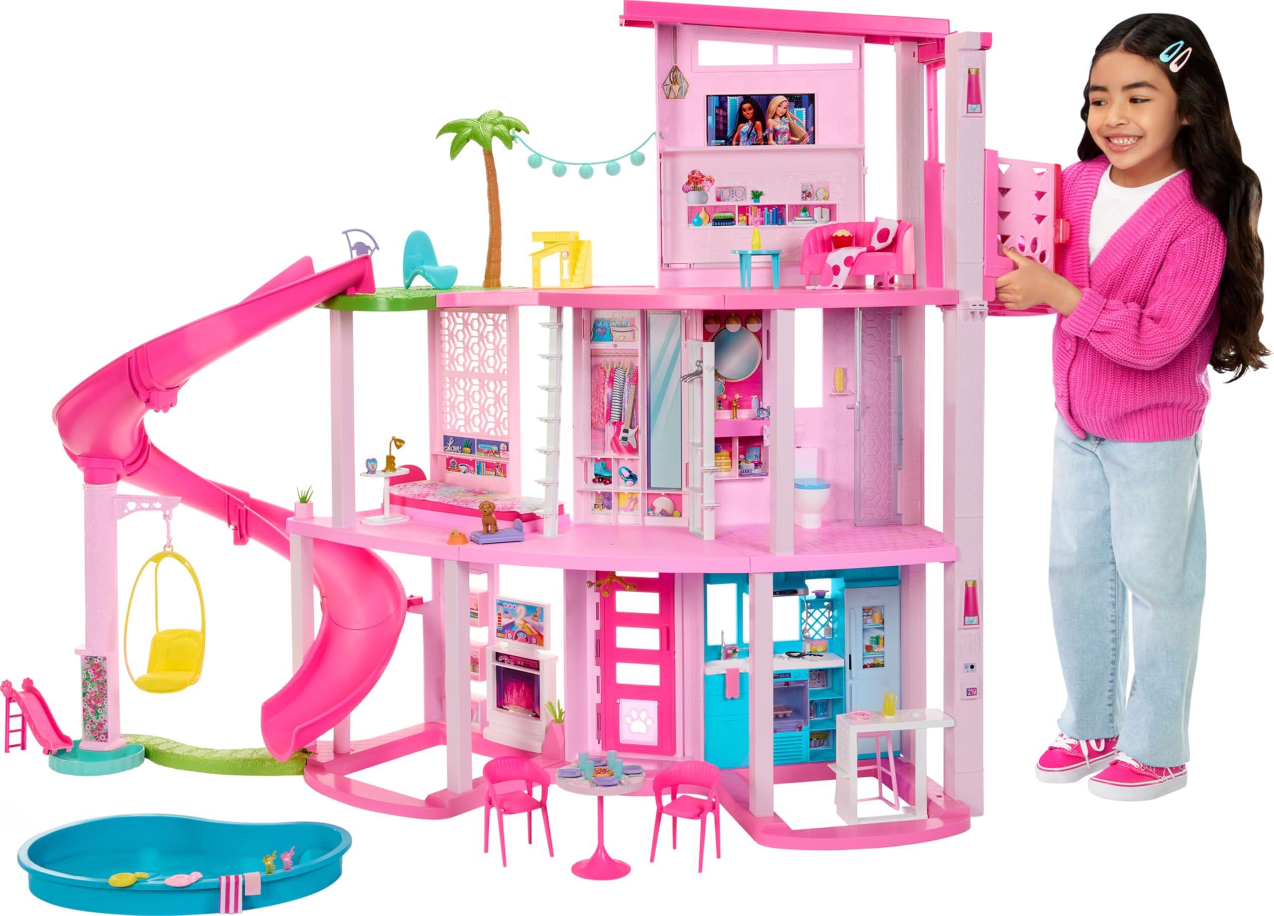 Amazon Barbie Dreamhouse Pool Party Doll House with 75 Pieces and 3 Story Slide House Playset Pet Elevator and Puppy Play Areas
